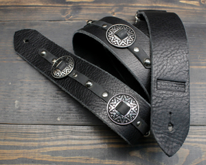Black Leather Guitar Strap With Western Style Round Star Pattern Conchos And Rivets