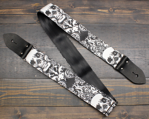 Guitar Strap With Skull And Flames Made On Custom Printed Fabric and Seat belt Material