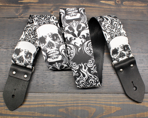 Guitar Strap With Skull And Flames Made On Custom Printed Fabric and Seat belt Material