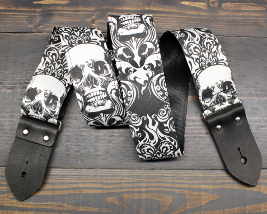 2-Inch Wide Polyester Guitar Strap With Black & Grey Skulls Design