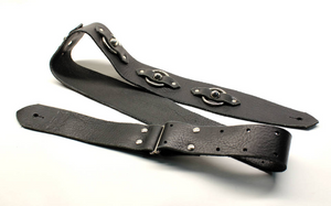Black Leather Guitar Strap with Steel Ring and Studs