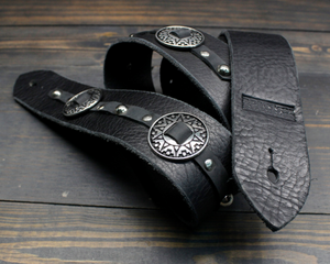 Black Leather Guitar Strap With Western Style Round Star Pattern Conchos And Rivets