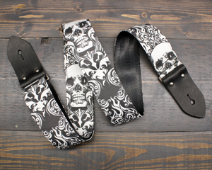 Guitar Strap With Skull And Flames Made On Custom Printed Fabric and Seat belt Material