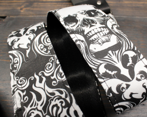 Guitar Strap With Skull And Flames Made On Custom Printed Fabric and Seat belt Material